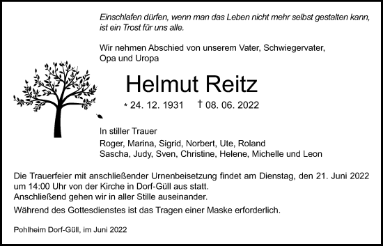 Traueranzeige von Helmut Reitz von Giessener Anzeiger, Giessener Allgemeine, Alsfelder Allgemeine