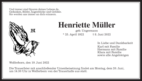 Traueranzeige von Henriette Müller 