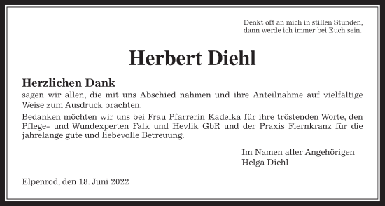 Traueranzeige von Herbert Diehl von Alsfelder Allgemeine