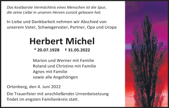 Traueranzeige von Herbert Michel von Kreis-Anzeiger