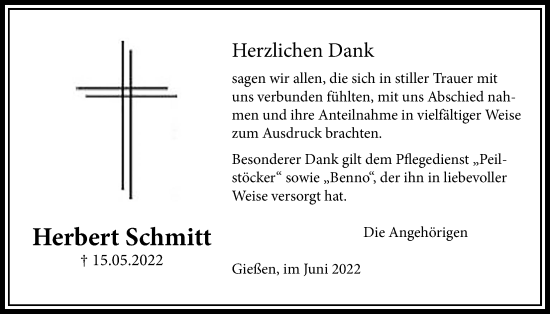 Traueranzeige von Herbert Schmitt von Giessener Allgemeine, Alsfelder Allgemeine
