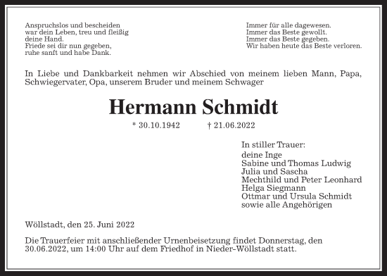 Traueranzeige von Hermann Schmidt von Wetterauer Zeitung