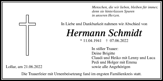 Traueranzeige von Hermann Schmidt von Giessener Anzeiger, Giessener Allgemeine, Alsfelder Allgemeine