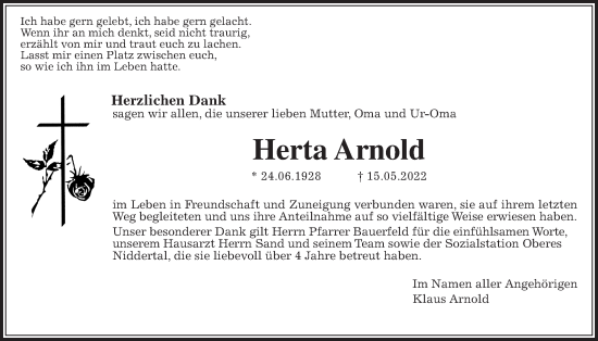 Traueranzeige von Herta Arnold von Kreis-Anzeiger