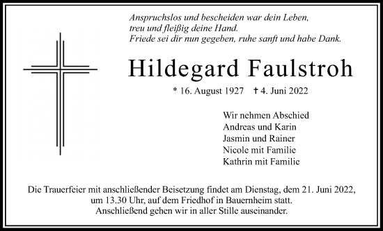 Traueranzeige von Hildegard Faulstroh von Wetterauer Zeitung