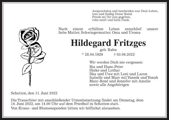 Traueranzeige von Hildegard Frtzges von Kreis-Anzeiger