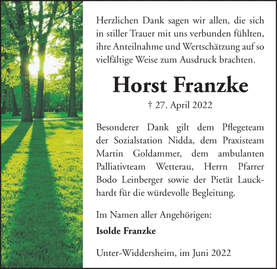 Traueranzeige von Horst Franzke von Kreis-Anzeiger