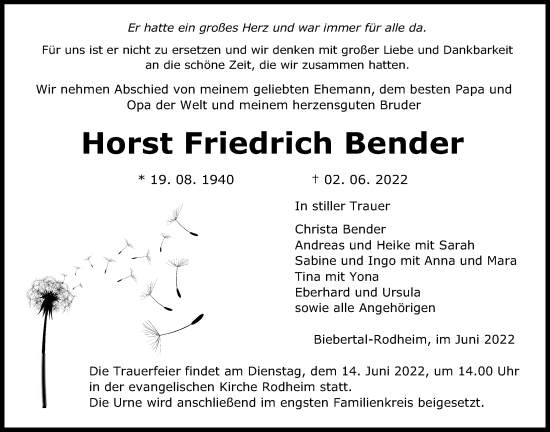 Traueranzeige von Horst Friedrich Bender von Giessener Allgemeine, Alsfelder Allgemeine