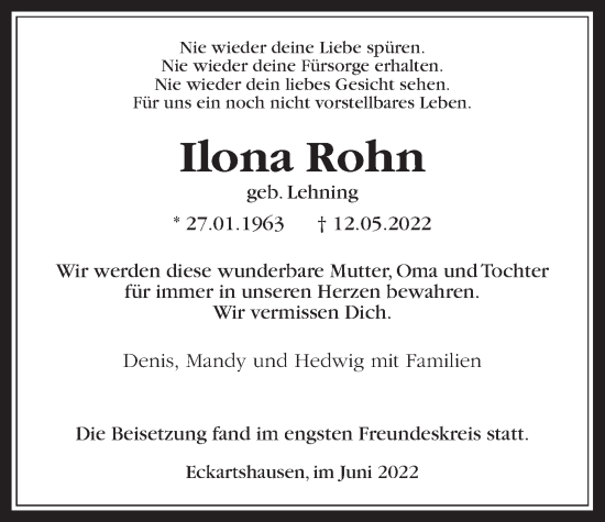Traueranzeige von Ilona Rohn von Kreis-Anzeiger