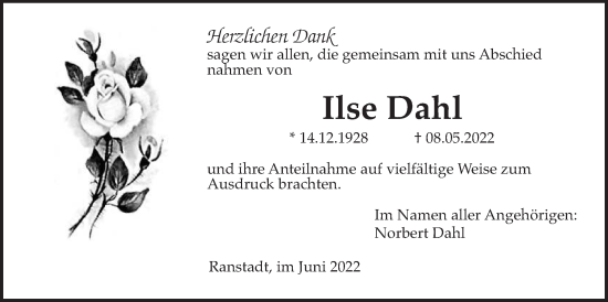 Traueranzeige von Ilse Dahl von Kreis-Anzeiger