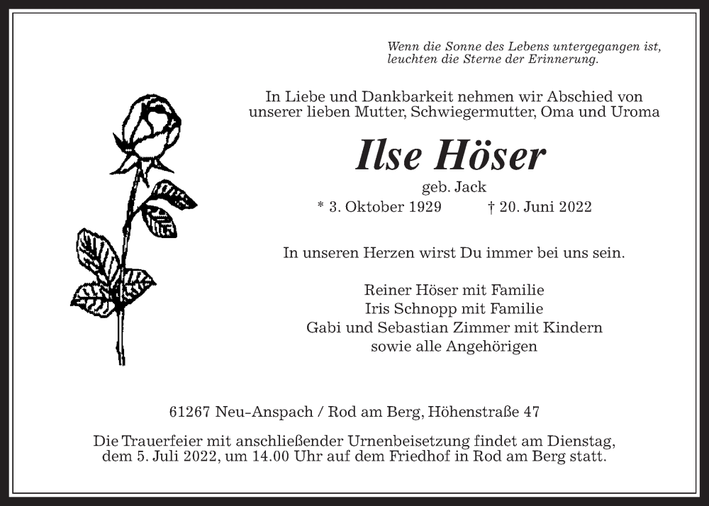 Anzeige von  Ilse Höser