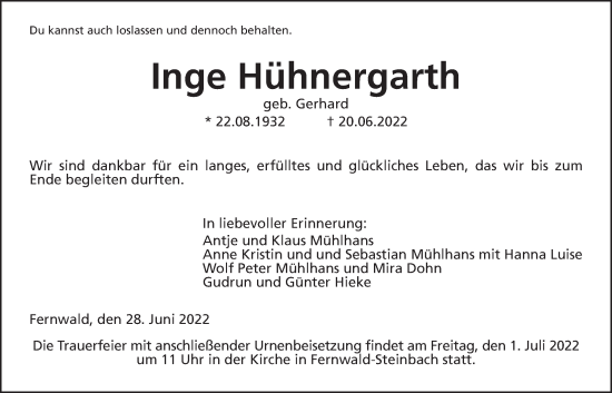 Traueranzeige von Inge Hühnergarth von Giessener Anzeiger, Giessener Allgemeine, Alsfelder Allgemeine