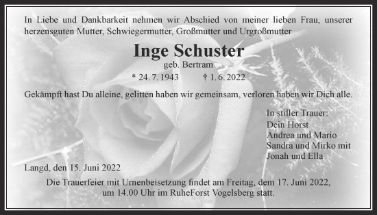 Traueranzeige von Inge Schuster von Licher Wochenblatt