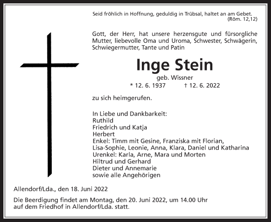 Traueranzeige von Inge Stein von Giessener Anzeiger, Giessener Allgemeine, Alsfelder Allgemeine