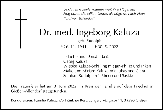 Traueranzeige von Ingeborg Kaluza von Giessener Allgemeine, Alsfelder Allgemeine, Giessener Anzeiger