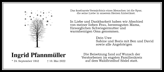 Traueranzeige von Ingrid Pfannmüller von Wetterauer Zeitung
