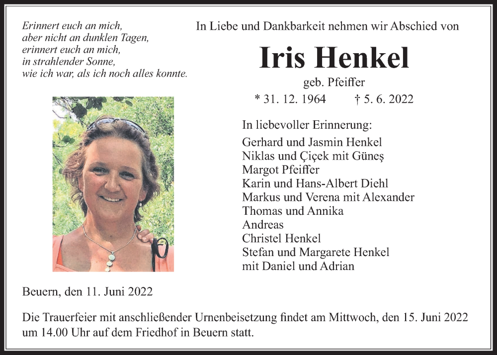  Traueranzeige für Iris Henkel vom 11.06.2022 aus Giessener Allgemeine, Alsfelder Allgemeine, Giessener Anzeiger