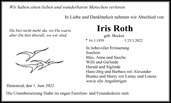 Traueranzeige von Iris Roth von Giessener Allgemeine, Alsfelder Allgemeine