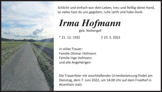Traueranzeige von Irma Hofmann von Mücker Stimme, Alsfelder Allgemeine