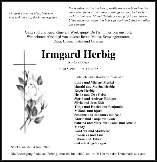 Traueranzeige von Irmgard Herbig von Kreis-Anzeiger