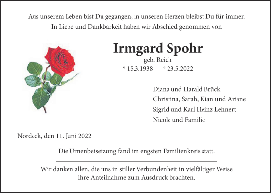 Traueranzeige von Irmgard Spohr von Giessener Allgemeine, Alsfelder Allgemeine