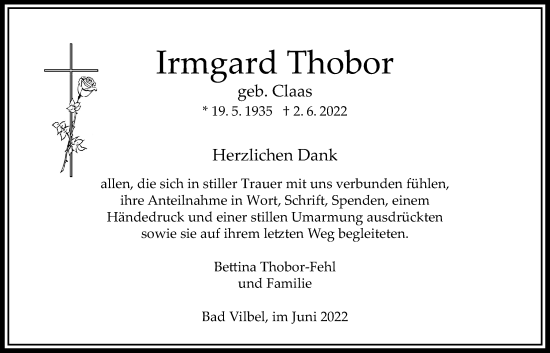 Traueranzeige von Irmgard Thobor von Bad Vilbel/Karben