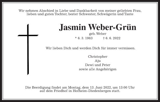 Traueranzeige von Jasmin Weber-Grün 