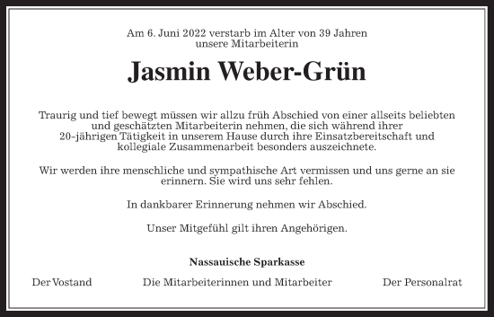 Traueranzeige von Jasmin Weber-Grün 