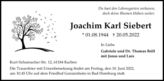 Traueranzeige von Joachim Karl Siebert von Wetterauer Zeitung