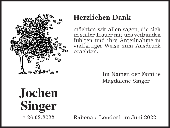 Traueranzeige von Jochen Singer von Rabenauer Zeitung
