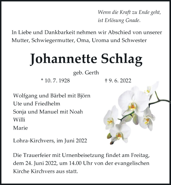 Traueranzeige von Johanette Schlag von Giessener Anzeiger