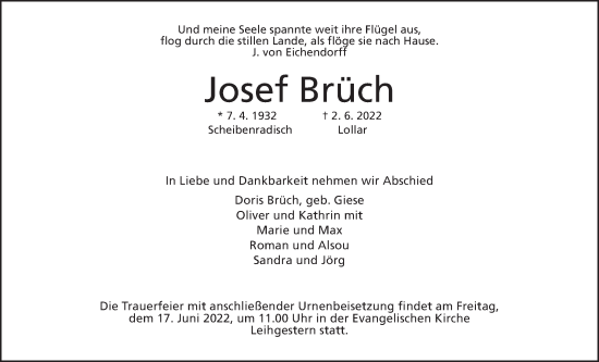 Traueranzeige von Josef Brüch von Giessener Allgemeine, Alsfelder Allgemeine, Giessener Anzeiger