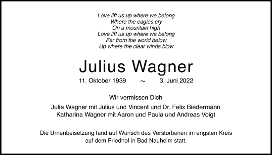 Traueranzeige von Julius Wagner von Wetterauer Zeitung
