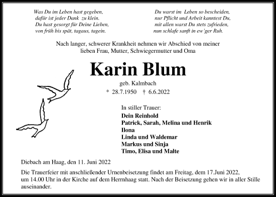 Traueranzeige von Karin Blum von Kreis-Anzeiger
