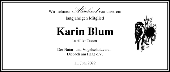 Traueranzeige von Karin Blum von Kreis-Anzeiger