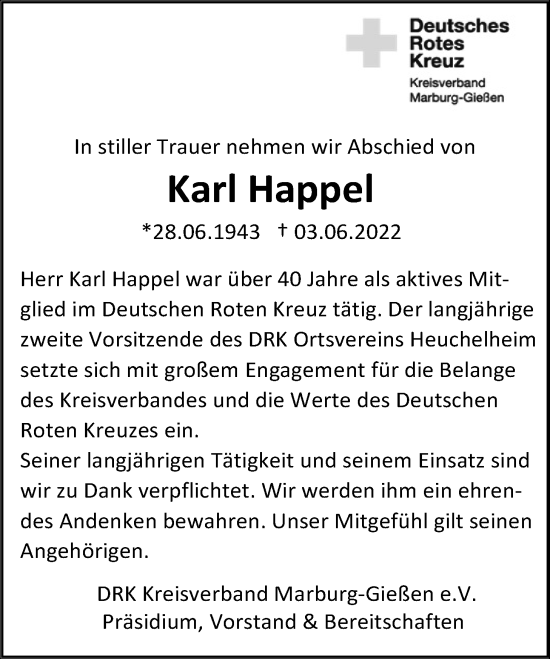 Traueranzeige von Karl Happel von Giessener Allgemeine, Alsfelder Allgemeine, Giessener Anzeiger