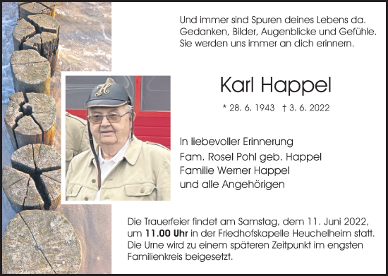 Traueranzeige von Karl Happel von Giessener Allgemeine, Alsfelder Allgemeine, Giessener Anzeiger