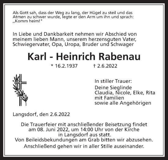Traueranzeige von Karl-Heinrich Rabenau von Giessener Allgemeine, Alsfelder Allgemeine