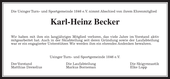 Traueranzeige von Karl-Heinz Becker von Usinger Anzeiger