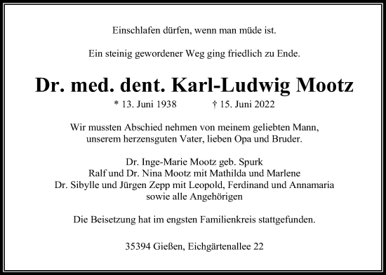 Traueranzeige von Karl-Ludwig Mootz von Giessener Anzeiger, Giessener Allgemeine, Alsfelder Allgemeine