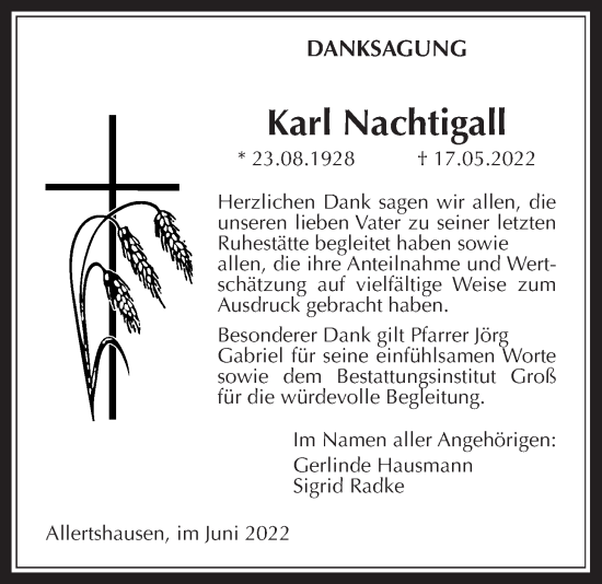 Traueranzeige von Karl Nachtigall von Rabenauer Zeitung