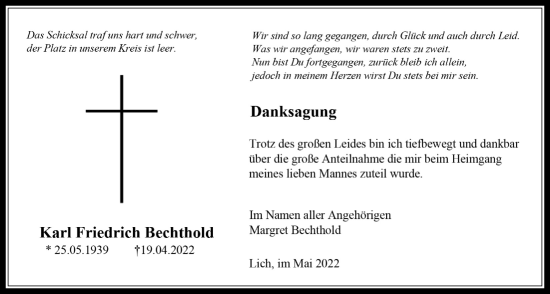 Traueranzeige von Karl Friedrich Bechthold von Licher Wochenblatt