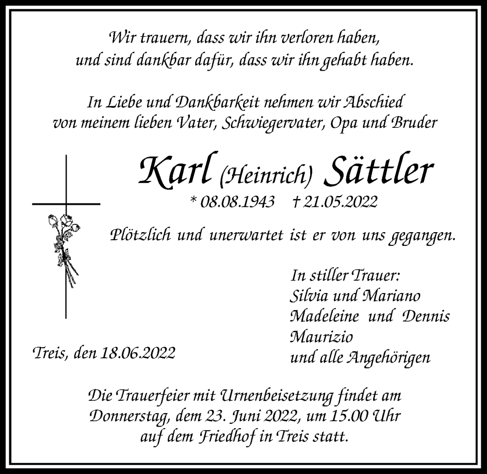  Traueranzeige für Karl Heinrich Sättler vom 18.06.2022 aus Giessener Allgemeine, Alsfelder Allgemeine