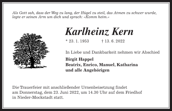 Traueranzeige von Karlheinz Kern von Kreis-Anzeiger