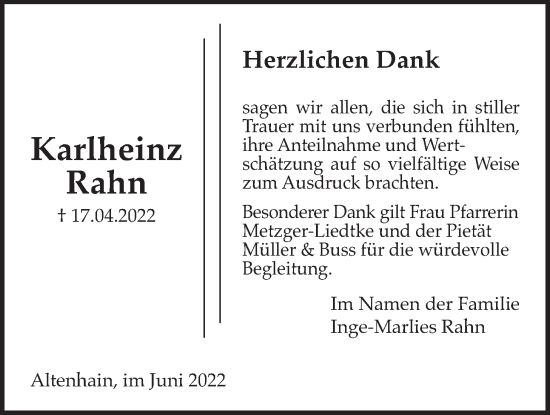 Traueranzeige von Karlheinz Rahn von Giessener Allgemeine, Alsfelder Allgemeine, Giessener Anzeiger, Kreis-Anzeiger