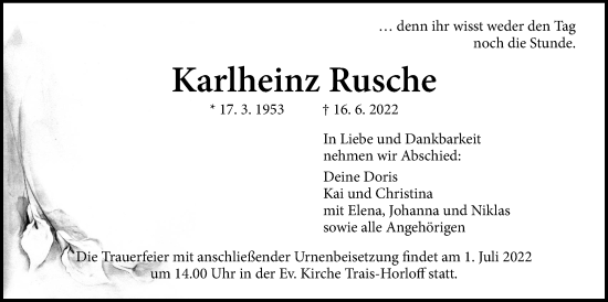 Traueranzeige von Karlheinz Rusche von Licher Wochenblatt
