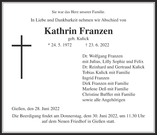 Traueranzeige von Kathrin Franzen von Giessener Anzeiger, Giessener Allgemeine, Alsfelder Allgemeine