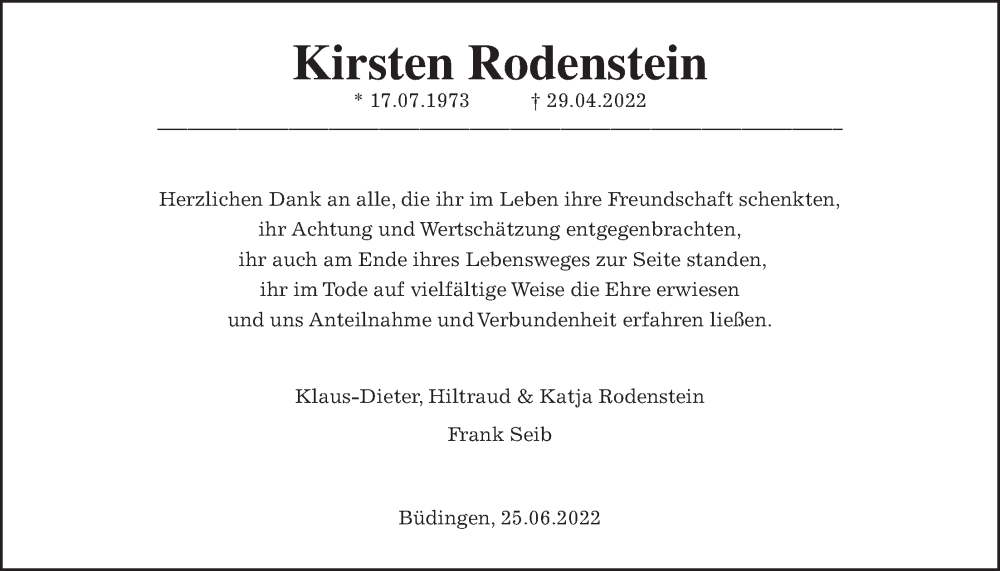  Traueranzeige für Kirsten Rodenstein vom 25.06.2022 aus Kreis-Anzeiger