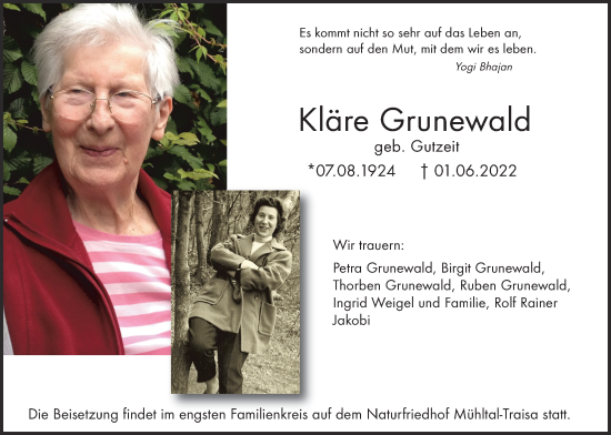 Traueranzeige von Kläre Grunewald von Giessener Anzeiger