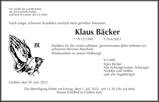 Traueranzeige von Klaus Bäcker von Giessener Allgemeine, Alsfelder Allgemeine